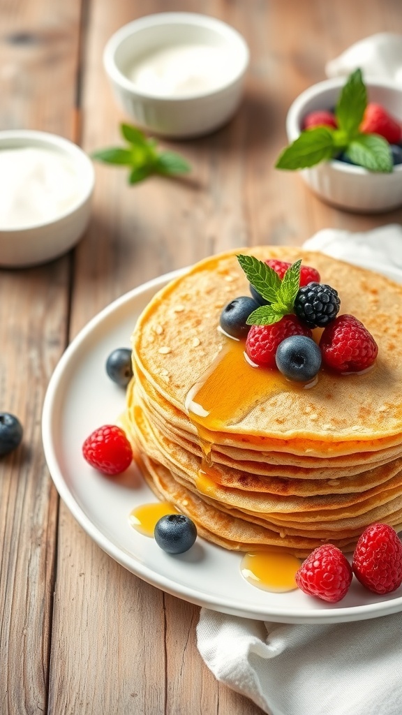 A stack of oat crepes with berries and honey on a rustic table.